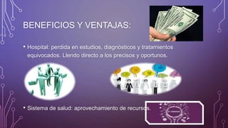 BENEFICIOS Y VENTAJAS:
• Hospital: perdida en estudios, diagnósticos y tratamientos
equivocados. Llendo directo a los precisos y oportunos.
• Sistema de salud: aprovechamiento de recursos.
 