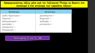 Χρησιμοποιώντας λέξεις μόνο από τον Λεξιλογικό Πίνακα να δώσετε ένα
συνώνυμο ή ένα αντώνυμο των παρακάτω λέξεων:
 