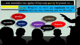 Μπορείτε να πείτε μία παράγωγη και μία
σύνθετη λέξη της νέας ελληνικής από την ίδια ρίζα;
φωνακλάς
φωνήεν
φωνάζω
αναφωνώ διαφωνώ
συμφωνώ
μεγάφωνο
 