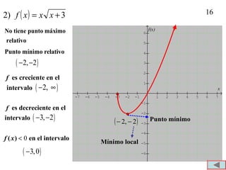 16
-7 -6 -5 -4 -3 -2 -1 1 2 3 4 5 6 7
-6
-5
-4
-3
-2
-1
1
2
3
4
5
6
f(x)
x
( ) 3)2 += xxxf
( )2,2 −− Punto mínimo
es creciente en el
intervalo
f
Punto mínimo relativo
No tiene punto máximo
relativo
es decreciente en el
intervalo
f
( )3, 2− −
( )2,− ∞
0<( ) en el intervalof x
( )3,0−
( )2, 2− −
Mínimo local
 