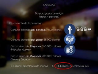 Bar para grupos de amigos
(aprox. 4 personas)
En una noche de fin de semana:
Consumo promedio por persona: 7 000 colones
Consumo promedio por grupo: 28 000 colones
Con un mínimo de 13 grupos: 350 000 colones
(Miércoles y Jueves)
Con un mínimo de 25 grupos: 700 000 colones
(Viernes y Sábado)
2,1 millones de colones a la semana & 4,4 millones de colones al mes
GANACIAS
 