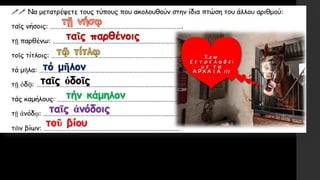 ταῖς παρθένοις
τό μῆλον
ταῖς ὁδοῖς
τήν κάμηλον
ταῖς ἀνόδοις
τοῦ βίου
 