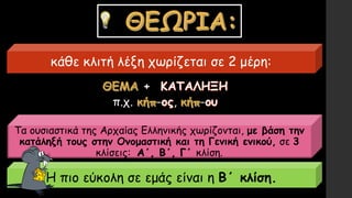 κάθε κλιτή λέξη χωρίζεται σε 2 μέρη:
+
π.χ. - , -
Τα ουσιαστικά της Αρχαίας Ελληνικής χωρίζονται, με βάση την
κατάληξή τους στην Ονομαστική και τη Γενική ενικού, σε 3
κλίσεις: Α΄, Β΄, Γ΄ κλίση.
Η πιο εύκολη σε εμάς είναι η Β΄ κλίση.
 