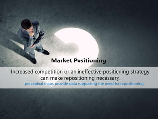 Market Positioning
Increased competition or an ineffective positioning strategy
can make repositioning necessary.
perceptual maps provide data supporting the need for repositioning
 