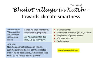 Bhalot village in Kutch –
towards climate smartness
155 households
771 population
1040 livestock
142 livestock
owners
Sandy / Sandy loam soils,
undulated topography
Av. Annual rainfall 360
mm, 13-15 rainy days
Land use:
2176 ha geographical area of village,
1016 ha cultivated area, 560 ha irrigated
area (430 ha open wells, 35 ha under tube
wells; 61 ha fallow, 160 ha pasture
 Scanty rainfall
 Sea water intrusion (5 km), salinity
 Depletion of groundwater
 Cyclonic storms
 Soil erosion
Baseline established
The case of
 