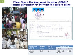 Village Climate Risk Management Committee (VCRMCs)
– people’s participation for prioritization & decision making
Name of the
VCRMC
Village
name
No. of
members
Bank details
A/C no. Amount
VCRMC,
Gumla
Gunia 12 4935101100
06239
44000
TDC
 