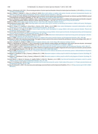 Matson, J., & Kozlowski, A. M. (2011). The increasing prevalence of autism spectrum disorders. Research in Autism Spectrum Disorders, 5, 418–425http://dx.doi.org/
10.1016/j.rasd.2010.06.004.
Matson, J., Mahan, S., Fodstad, J. C., Hess, J. A., & Neal, D. (2010). Motor skills abilities in toddlers with autistic disorder, pervasive developmental disorder-not
otherwise speciﬁed and atypical development. Research in Autism Spectrum Disorders, 4, 444–449.
Matson, J., & Sipes, M. (2010). Methods of early diagnosis and tracking for autism and pervasive developmental disorder not othewise speciﬁed (PDDNOS). Journal
of Developmental and Physical Disabilities, 22, 343–358 http://dx.doi.org/10.1007/s10882-009-9184-2
Memari, A., Ghanouni, P., Gharibzadeh, S., Eghlidi, J., Ziaee, V., & Moshayedi, P. (2013). Postural sway patterns in children with autism spectrum disorder compared
with typically developing children. Research in Autism Spectrum Disorders, 7, 325–332 http://dx.doi.org/10.1016/j.rasd.2012.09.010
Mullen, E. (1995). Mullen scales of early learning (AGS ed.). Circle Pines, MN: American Guidance Services.
National Research Council (NRC). (2001). Educating children with autism: Report of the committee on educational interventions in children with autism. Washington,
DC: National Academy Press.
Ozonoff, S., Young, G. S., Goldring, S., Greiss-Hess, L., Herrera, A. M., Steele, J., et al. (2008). Gross motor development, movement abnormalities, and early
identiﬁcation of autism. Journal of Autism and Developmental Disorders, 38, 644–656.
Provost, B., Heimerl, S., & Lopez, B. R. (2007). Levels of gross and ﬁne motor development in young children with autism spectrum disorder. Physical and
Occupational Therapy in Pediatrics27(3).
Provost, B., Lopez, B. R., & Heimerl, S. (2007). A comparison in motor delays in young children: Autism spectrum disorder, developmental delay and developmental
concerns. Journal of Autism and Developmental Disorders, 37, 321–328.
Rinehart, N., Tonge, B., Bradshaw, J., Iansek, R., Enticott, P., & Johnson, K. (2006). Movement related potential in high-functioning autism and Asperger’s disorder.
Developmental Medicine and Child Neurology, 48, 272–277.
Rogers, S. (2000). Interventions that facilitate socialization in children with autism. Journal of Autism and Developmental Disorders, 30(5), 399–409.
Rosenbaum, D. (2005). The Cinderella of psychology: The neglect of motor control in the science of mental life and behavior. American Psychologist, 60(4), 308–317
http://dx.doi.org/10.1037/0003-066X.60.4.308
Sparrow, S., Cicchetti, D., & Balla, D. (2005). Vineland-II adaptive behavior scales. Circles Pines, MN: American Guidance Service.
Staples, K., MacDonald, M., & Zimmer, C. (2012). Assessment of motor behavior among children and adolescents with autism spectrum disorder. International
Review of Research in Developmental Disabilities, 42, 179–214 http://dx.doi.org/10.1016/B978-0-12-394284-5. 00007-3
Staples, K., & Reid, G. (2010). Fundamental movement skills and autism spectrum disorders. Journal of Autism and Developmental Disorders, 40(2), 209–217.
Sutera, S., Pandey, J., Esser, E. L., & Rosenthal, M. A. (2007). Predictors of optimal outcome in toddlers diagnosed with autism spectrum disorders. Journal of Autism
and Developmental Disorders, 37(1), 98–107 http://dx.doi.org/10.1007/s10803-006-0340-6
Swiezy, N. (2008). Bridging for success in autism: Training and collaboration across medical, educational, and community systems. Child and Adolescent Psychiatric
Clinics of North America17(4).
Teitelbaum, P., Teitelbaum, O., Nye, J., Fryman, J., & Maurer, R. G. (1998). Movement analysis in infancy may be useful for early diagnosis of autism. Psychology, 95,
13982–13987.
Teittelbaum, P., Teittelbaum, O., Nye, J., Fryman, J., & Maurer, R. (1998). Movement analysis in infancy may be useful for early diagnosis of autism. Psychology, 95,
13982–13987.
Vernazza-Martin, S., Martin, N., Vernazza, A., Lepellec-Muller, A., Rufo, M., Massion, J., et al. (2005). Goal directed locomotion and balance control in autistic
children. Journal of Autism and Developmental Disorders, 35(1), 91–102.
Wong, V. C. N., & Kwan, Q. K. (2010). Randomized controlled trial for early intervention for autism: A pilot study of the autism 1-2-3 Project. Journal of Autism and
Developmental Disorders, 40, 677–688.
Yirmiya, N., & Ozonoff, S. (2007). The very early autism phenotype. Journal of Autism and Developmental Disabilities, 37(1), 1–11 http://dx.doi.org/10.1007/s10803-
006-0329-1
M. MacDonald et al. / Research in Autism Spectrum Disorders 7 (2013) 1383–13901390
 