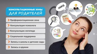 КОНСУЛЬТАЦИОННЫЕ ЗОНЫ
ДЛЯ РОДИТЕЛЕЙ
Профориентационная зона
Консультация психолога
Консультация логопеда
Социальная поддержка
Запись в школы и детские сады
Запись в кружки
 