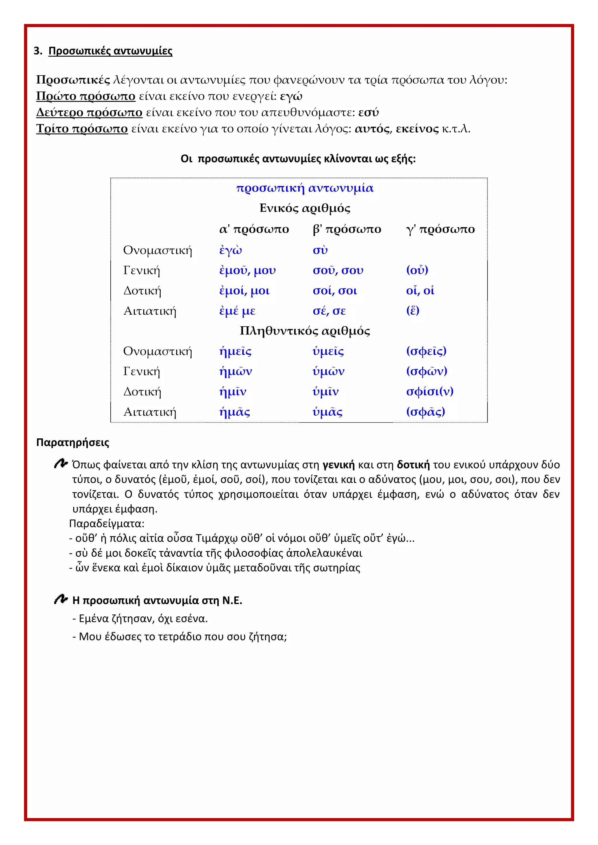 3. Προσωπικές αντωνυμίες
Προσωπικές λέγονται οι αντωνυμίες που φανερώνουν τα τρία πρόσωπα του λόγου:
Πρώτο πρόσωπο είναι εκείνο που ενεργεί: εγώ
Δεύτερο πρόσωπο είναι εκείνο που του απευθυνόμαστε: εσύ
Τρίτο πρόσωπο είναι εκείνο για το οποίο γίνεται λόγος: αυτός, εκείνος κ.τ.λ.
Οι προσωπικές αντωνυμίες κλίνονται ως εξής:
προσωπική αντωνυμία
Ενικός αριθμός
α' πρόσωπο β' πρόσωπο γ' πρόσωπο
Ονομαστική ἐγὼ σὺ
Γενική ἐμοῦ, μου σοῦ, σου (οὗ)
Δοτική ἐμοί, μοι σοί, σοι οἷ, οἱ
Αιτιατική ἐμέ με σέ, σε (ἕ)
Πληθυντικός αριθμός
Ονομαστική ἡμεῖς ὑμεῖς (σφεῖς)
Γενική ἡμῶν ὑμῶν (σφῶν)
Δοτική ἡμῖν ὑμῖν σφίσι(ν)
Αιτιατική ἡμᾶς ὑμᾶς (σφᾶς)
Παρατηρήσεις
Όπως φαίνεται από την κλίση της αντωνυμίας στη γενική και στη δοτική του ενικού υπάρχουν δύο
τύποι, ο δυνατός (ἐμοῦ, ἐμοί, σοῦ, σοί), που τονίζεται και ο αδύνατος (μου, μοι, σου, σοι), που δεν
τονίζεται. Ο δυνατός τύπος χρησιμοποιείται όταν υπάρχει έμφαση, ενώ ο αδύνατος όταν δεν
υπάρχει έμφαση.
Παραδείγματα:
- οὔθ’ ἡ πόλις αἰτία οὖσα Τιμάρχῳ οὔθ’ οἱ νόμοι οὔθ’ ὑμεῖς οὔτ’ ἐγώ...
- σὺ δέ μοι δοκεῖς τἀναντία τῆς φιλοσοφίας ἀπολελαυκέναι
- ὧν ἕνεκα καὶ ἐμοὶ δίκαιον ὑμᾶς μεταδοῦναι τῆς σωτηρίας
Η προσωπική αντωνυμία στη Ν.Ε.
- Εμένα ζήτησαν, όχι εσένα.
- Μου έδωσες το τετράδιο που σου ζήτησα;
 