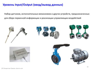 Уровень Input/Output (ввод/вывод данных)
(©) Владислав Лавров, vlavrov.com
Набор датчиков, исполнительных механизмов и других устройств, предназначенных
для сбора первичной информации и реализации управляющих воздействий
10
 