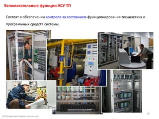 (©) Владислав Лавров, vlavrov.com
Состоят в обеспечении контроля за состоянием функционирования технических и
программных средств системы.
Вспомогательные функции АСУ ТП
20
 