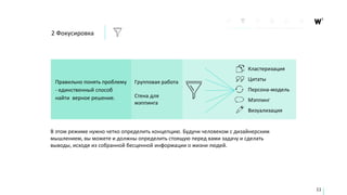 2 Фокусировка
Правильно понять проблему
- единственный способ
найти верное решение.
Кластеризация
Цитаты
Персона-модель
Мэппинг
Визуализация
Групповая работа
Стена для
мэппинга
11
В этом режиме нужно четко определить концепцию. Будучи человеком с дизайнерским
мышлением, вы можете и должны определить стоящую перед вами задачу и сделать
выводы, исходя из собранной бесценной информации о жизни людей.
 