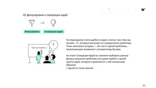 Генерация идей
От фокусировки к генерации идей
На переходном этапе удобно создать список тем «Как мы
можем...?», которые вытекают из определения проблемы.
Темы мозгового штурма — это части одной проблемы,
привлекающие внимание к конкретному Вызову.
На этапе Генерации Идей вы сможете выбирать разные
фокусы решения проблемы или даже прийти к целой
группе идей, которые справляются с ней наилучшим
образом
с одной из точек зрения.
Фокусировка
20
?
 
