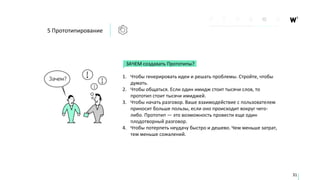 ЗАЧЕМ создавать Прототипы?
1. Чтобы генерировать идеи и решать проблемы. Стройте, чтобы
думать.
2. Чтобы общаться. Если один имидж стоит тысячи слов, то
прототип стоит тысячи имиджей.
3. Чтобы начать разговор. Ваше взаимодействие с пользователем
приносит больше пользы, если оно происходит вокруг чего-
либо. Прототип — это возможность провести еще один
плодотворный разговор.
4. Чтобы потерпеть неудачу быстро и дешево. Чем меньше затрат,
тем меньше сожалений.
5 Прототипирование
31
 