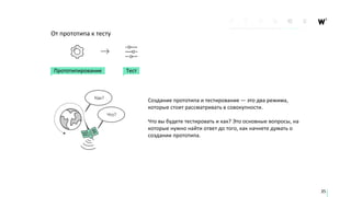 От прототипа к тесту
Создание прототипа и тестирование — это два режима,
которые стоит рассматривать в совокупности.
Что вы будете тестировать и как? Это основные вопросы, на
которые нужно найти ответ до того, как начнете думать о
создании прототипа.
35
Прототипирование Тест
 
