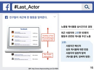 노출될 게시물을 실시간으로 결정
출처: http://www.theprconsulting.com/?p=5829
최근 사용자와 교류한 50명의
활동과 관련된 게시물 우선 노출
#Last_Actor
친구들이 최근에 한 활동을 알려준다.
교류:
사용자간 메신저
상호 게시물에 대한 반응
사용자의 일방적 탐색
(게시물 클릭, 담벼락 방문)
15
 