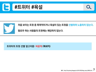 #트위터 #욕설
처음 보이는 트윗 중 폭력적이거나 욕설이 있는 트윗을 선별하여 노출하지 않는다.
팔로우 하는 사람들의 트윗에는 해당하지 않는다.
출처 : http://lucyhong.blogspot.kr/2013/02/blog-post_6046.html
트위터의 트윗 선별 알고리즘: 비공개 (폐쇄적)
7
 