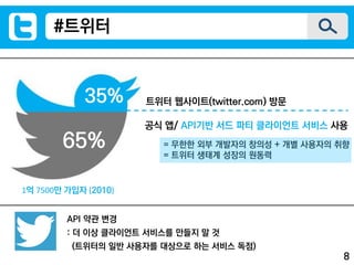 #트위터
트위터 웹사이트(twitter.com) 방문
공식 앱/ API기반 서드 파티 클라이언트 서비스 사용
65%
35%
API 약관 변경
: 더 이상 클라이언트 서비스를 만들지 말 것
(트위터의 일반 사용자를 대상으로 하는 서비스 독점)
= 무한한 외부 개발자의 창의성 + 개별 사용자의 취향
= 트위터 생태계 성장의 원동력
8
1억 7500만 가입자 (2010)
 