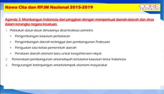 Nawa Cita dan RPJM Nasional 2015-2019
Agenda 3: Membangun Indonesia dari pinggiran dengan memperkuat daerah-daerah dan desa
dalam kerangka negara kesatuan
1. Peletakan dasar-dasar dimulainya desentralisasi asimetris
 Pengembangan kawasan perbatasan
 Pengembangan daerah tertinggal dan pembangunan Pedesaan
 Penguatan tata kelola pemerintah daerah
 Penataan daerah otonom baru untuk kesejahteraan rakyat
2. Pemerataan pembangunan antarwilayah tertutama kawasan timur Indonesia
3. Pengurangan ketimpangan antarkelompok ekonomi masyarakat
 