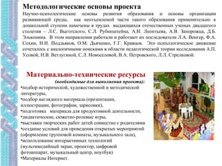 Методологические основы проекта
Научно-психологические основы развития образования и основы организации
развивающей среды, как неотъемлемой части такого образования применительно к
дошкольной ступени намечены в трудах выдающихся отечественных ученых двадцатого
столетия – Л.С. Выготского, С.Л. Рубинштейна, А.Н. Леонтьева, А.В. Запорожца, Д.Б.
Эльконина. В этом направлении работали и работают их последователи Л.А. Венгер, Ф.А.
Сохин, Н.Н. Поддьяков, О.М. Дьяченко, Г.Г. Кравцов. Это психологическое движение
сочеталось с аналогичными поисками в области педагогической теории исследования А.П.
Усовой, Н.В. Ветлугиной, С.Л. Новоселовой, В.А. Петровского, Л.Л. Стрелковой.
Материально-технические ресурсы
(необходимые для выполнения проекта):
•подбор исторической, художественной и методической
литературы,
•подбор наглядного материала (презентации,
иллюстрации, фотографии, зарисовки),
•подготовка материала для продуктивной деятельности,
•дидактические, сюжетно-ролевые игры,
•выставки творческих работ детей совместно с родителями
•создание условий для проведения открытых мероприятий
(оформление групповой комнаты, музыкального зала),
•использование интерактивных технологий
(мультимедийный экран, проектор, цифровой
фотоаппарат, музыкальный центр, ноутбук)
•Материалы Интернет.
 