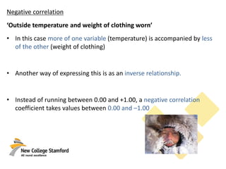 Negative correlation
‘Outside temperature and weight of clothing worn’
• In this case more of one variable (temperature) is accompanied by less
of the other (weight of clothing)
• Another way of expressing this is as an inverse relationship.
• Instead of running between 0.00 and +1.00, a negative correlation
coefficient takes values between 0.00 and –1.00
 