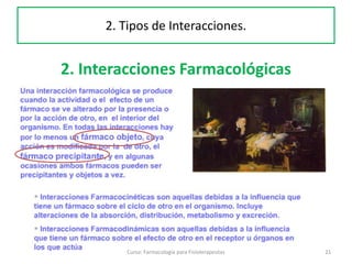 21Curso: Farmacología para Fisioterapeutas
2. Interacciones Farmacológicas
2. Tipos de Interacciones.
 