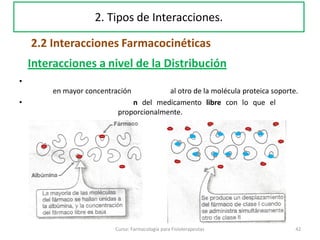 42Curso: Farmacología para Fisioterapeutas
2. Tipos de Interacciones.
2.2 Interacciones Farmacocinéticas
Interacciones a nivel de la Distribución
•
en mayor concentración al otro de la molécula proteica soporte.
• n del medicamento libre con lo que el
proporcionalmente.
 