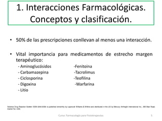 • 50% de las prescripciones conllevan al menos una interacción.
• Vital importancia para medicamentos de estrecho margen
terapéutico:
- Aminoglucósidos -Fenitoina
- Carbamazepina -Tacrolimus
- Ciclosporina -Teofilina
- Digoxina -Warfarina
- Litio
Adverse Drug Reaction Bulletin ISSN 0044-6394 is published bimonthly by Lippincott Williams & Wilkins and distributed in the US by Mercury Airfreight International Inc., 365 Blair Road,
Avenel NJ, USA.
5Curso: Farmacología para Fisioterapeutas
1. Interacciones Farmacológicas.
Conceptos y clasificación.
 
