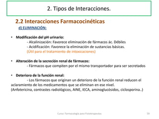 Curso: Farmacología para Fisioterapeutas 59
d) ELIMINACIÓN:
2.2 Interacciones Farmacocinéticas
2. Tipos de Interacciones.
• Modificación del pH urinario:
- Alcalinización: Favorece eliminación de fármacos ác. Débiles
- Acidificación: Favorece la eliminación de sustancias básicas.
(Útil para el tratamiento de intoxicaciones)
• Alteración de la secreción renal de fármacos:
- Fármacos que compiten por el mismo transportador para ser secretados
• Deterioro de la función renal:
- Los fármacos que originan un deterioro de la función renal reducen el
aclaramiento de los medicamentos que se eliminan en ese nivel.
(Anfotericina, contrastes radiológicos, AINE, IECA, aminoglucósidos, ciclosporina..)
 