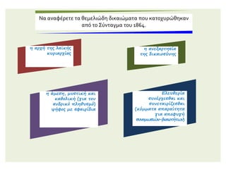 Να αναφέρετε τα θεμελιώδη δικαιώματα που κατοχυρώθηκαν
από το Σύνταγμα του 1864.
Ελευθερία
συνέρχεσθαι και
συνεταιρίζεσθαι
(κόμματα απαραίτητα
για αποφυγή
συνομωσιών-βιαιοτήτων)
η άμεση, μυστική και
καθολική (για τον
ανδρικό πληθυσμό)
ψήφος με σφαιρίδια
η ανεξαρτησία
της δικαιοσύνης
η αρχή της λαϊκής
κυριαρχίας
 