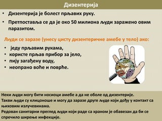 Дизентерија
• Дизентерија је болест прљавих руку.
• Претпоставља се да је око 50 милиона људи заражено овим
паразитом.
Људи се заразе (унесу цисту дизентеричне амебе у тело) ако:
• једу прљавим рукама,
• користе прљав прибор за јело,
• пију загађену воду,
• неопрано воће и поврће.
Неки људи могу бити носиоци амебе а да не оболе од дизентерије.
Такви људи су клицоноше и могу да заразе друге људе који дођу у контакт са
њиховим излучевинама.
Редован санитарни преглед људи који раде са храном је обавезан да би се
спречило ширење инфекције.
 