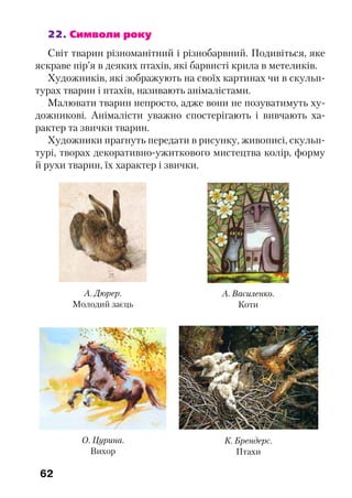 62
22. Символи року
Світ тварин різноманітний і різнобарвний. Подивіться, яке
яскраве пір’я в деяких птахів, які барвисті крила в метеликів.
Художників, які зображують на своїх картинах чи в скульп-
турах тварин і птахів, називають анімалістами.
Малювати тварин непросто, адже вони не позуватимуть ху-
дожникові. Анімалісти уважно спостерігають і вивчають ха-
рактер та звички тварин.
Художники прагнуть передати в рисунку, живописі, скульп-
турі, творах декоративно-ужиткового мистецтва колір, форму
й рухи тварин, їх характер і звички.
О. Цурина.
Вихор
А. Дюрер.
Молодий заєць
К. Брендерс.
Птахи
А. Василенко.
Коти
 