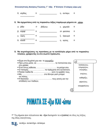 Επαναληπτικές Ασκήσεις Γλώσσας Γ΄ τάξη 4η
Ενότητα: Ο κόσμος γύρω μας
δ. κέρδος  ________________ η. αντίκρυ 
_____________
8. Να σχηματίσεις από τις παρακάτω λέξεις παράγωγα ρήματα σε -ώνω.
α. βίδα  βιδώνω ε. χαμηλά 
_____________
β. καρφί  ________________ στ. φούσκα 
_____________
γ. ύψος  ________________ ζ. όργωμα 
_____________
δ. κλειδί  ________________ η. κρύος 
_____________
9. Να συμπληρώσεις τις προτάσεις με το κατάλληλο ρήμα από το παρακάτω
πλαίσιο, γράφοντάς το στο σωστό πρόσωπο.
 Είμαι στο δωμάτιό μου και το συγυρίζω.
 Πριν μπεις μέσα, να ………………………. τα παπούτσια σου
στο χαλάκι.
 Έτσι όπως κάθεσαι, ………………………… τα ρούχα σου.
 Ο πατέρας …………………… τα πράγματα στο αυτοκίνητο.
 Πολλά παιδιά δε ……………………… ούτε το κρεβάτι τους.
 Μη …………………………… στο δέντρο γιατί μπορεί
να πέσεις.
 Η δασκάλα …………………………….. τους γονείς για την
απόδοση των παιδιών.
 Τα ρήματα που τελειώνουν σε –ίζω διατηρούν το ι (γιώτα) σε όλες τις λέξεις
της ίδιας οικογένειας.
ποτίζω- ποτιστήρι- πότισμα
τσαλακώνω,
ενημερώνω,
συγυρίζω,
στρώνω,
καθαρίζω,
φορτώνω,
σκαρφαλώνω
 