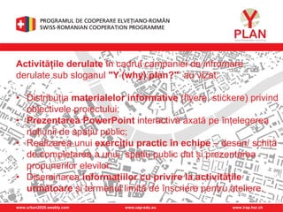 www.urban2020.weebly.com www.cep-edu.eu www.irap.hsr.ch
Activitățile derulate în cadrul campaniei de infromare
derulate sub sloganul "Y (why) plan?" au vizat:
• Distribuția materialelor informative (flyere, stickere) privind
obiectivele proiectului;
• Prezentarea PowerPoint interactivă axată pe înțelegerea
noțiunii de spațiu public;
• Realizarea unui exercițiu practic în echipe – desen/ schiță
de completarea a unui spațiu public dat și prezentarea
propunerilor elevilor;
• Diseminarea informațiilor cu privire la activitățile
următoare și termenul limită de înscriere pentru ateliere.
 