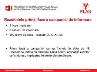 www.urban2020.weebly.com www.cep-edu.eu www.irap.hsr.ch
Rezultatele primei faze a campaniei de informare
• 5 licee implicate;
• 8 sesiuni de informare;
• 500 elevii de liceu – clasele IX, X, XI, XII;
• Prima fază a campaniei se va încheia în data de 18
Decembrie, odată cu termenul limită pentru aplicațiile elevilor
ce își doresc implicarea în atelierele următoare.
 