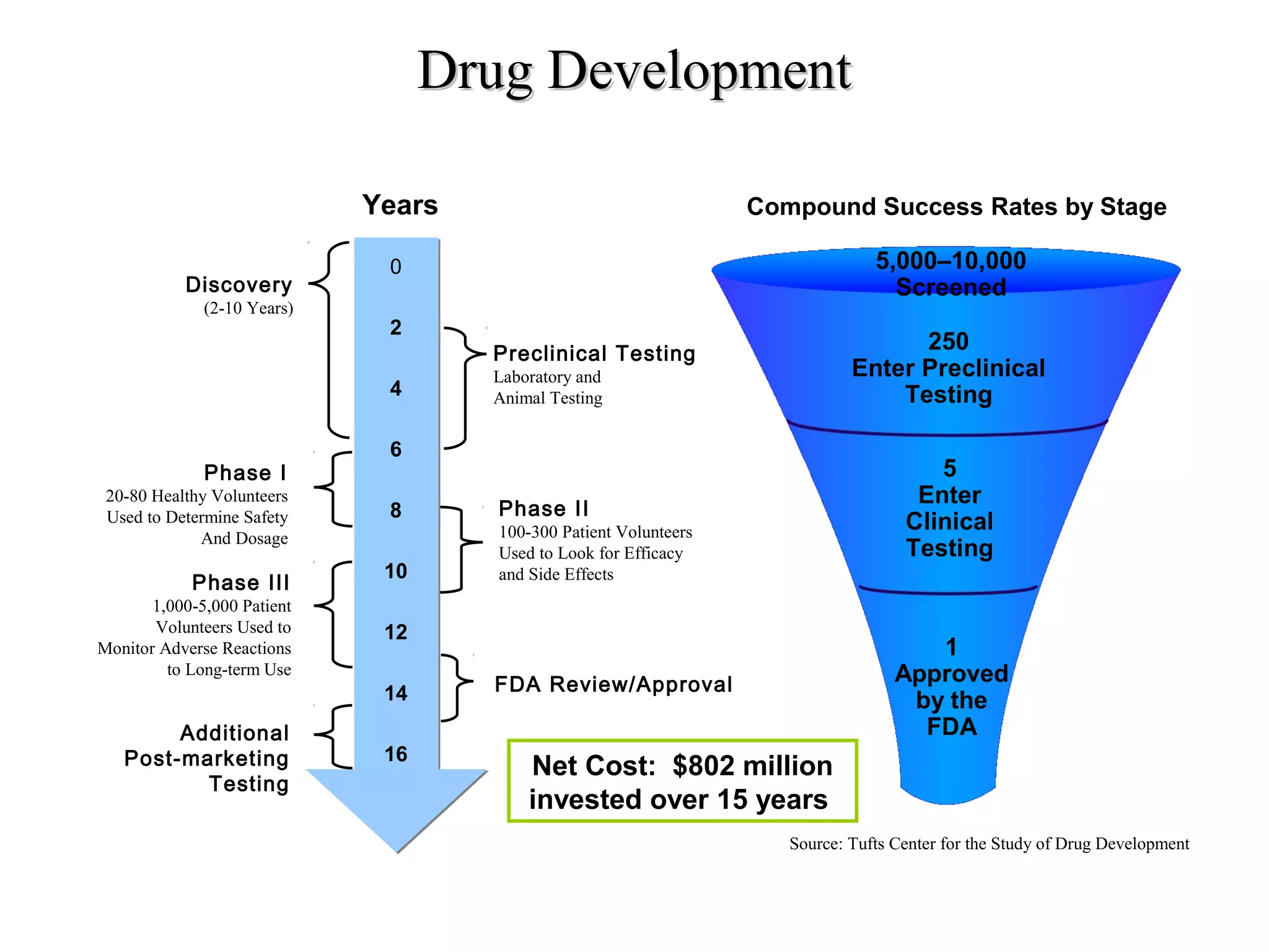 Drug DevelopmentDrug Development
5,000–10,000
Screened
250
Enter Preclinical
Testing
5
Enter
Clinical
Testing
1
Approved
by the
FDA
Net Cost: $802 million
invested over 15 years
Discovery
(2-10 Years)
Preclinical Testing
Laboratory and
Animal Testing
Years
Phase I
20-80 Healthy Volunteers
Used to Determine Safety
And Dosage
Phase III
1,000-5,000 Patient
Volunteers Used to
Monitor Adverse Reactions
to Long-term Use
Phase II
100-300 Patient Volunteers
Used to Look for Efficacy
and Side Effects
FDA Review/Approval
Additional
Post-marketing
Testing
Compound Success Rates by Stage
Source: Tufts Center for the Study of Drug Development
16
14
12
10
8
6
4
2
0
 