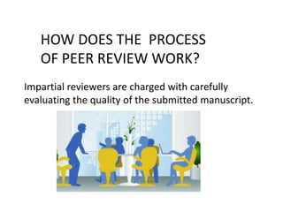 Impartial reviewers are charged with carefully
evaluating the quality of the submitted manuscript.
HOW DOES THE PROCESS
OF PEER REVIEW WORK?
 
