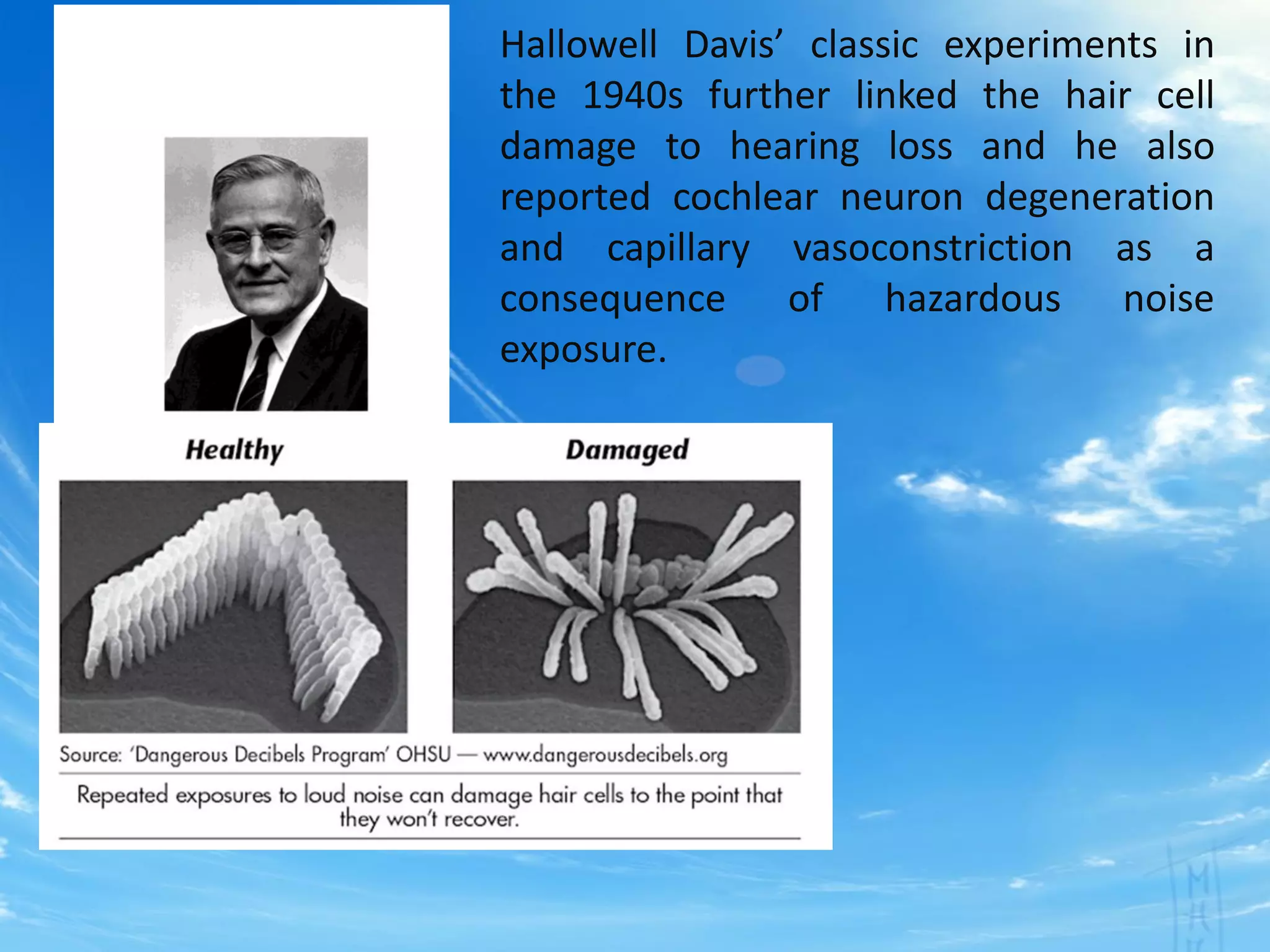 Hallowell Davis’ classic experiments in
the 1940s further linked the hair cell
damage to hearing loss and he also
reported cochlear neuron degeneration
and capillary vasoconstriction as a
consequence of hazardous noise
exposure.
 