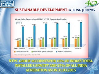 NTPC GROUPACCOUNTSFOR16%OFINDIA’STOTAL
INSTALLEDCAPACITYAND25%OFALLINDIA
GENERATIONASON31.03.2015
SUSTAINABLE DEVELOPMENT:A LONG JOURNEY
 