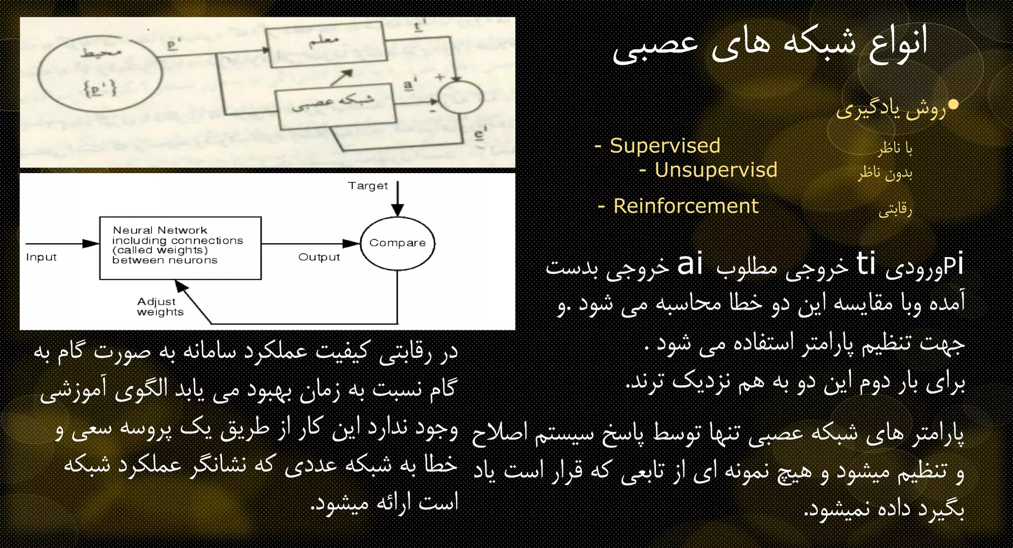 ‫عصبی‬ ‫های‬ ‫شبکه‬ ‫انواع‬
•‫روش‬‫یادگیری‬
‫ناظر‬ ‫با‬- Supervised
‫ناظر‬ ‫بدون‬- Unsupervisd
‫رقابتی‬- Reinforcement
Pi‫ورودی‬ti‫مطلوب‬ ‫خروجی‬ai‫بدست‬ ‫خروجی‬
‫وبا‬ ‫آمده‬‫مقایسه‬‫شود‬ ‫می‬ ‫محاسبه‬ ‫خطا‬ ‫دو‬ ‫این‬.‫و‬
‫شود‬ ‫می‬ ‫استفاده‬ ‫پارامتر‬ ‫تنظیم‬ ‫جهت‬.
‫نزدیک‬ ‫هم‬ ‫به‬ ‫دو‬ ‫این‬ ‫دوم‬ ‫بار‬ ‫برای‬‫ترند‬.
‫سی‬ ‫پاسخ‬ ‫توسط‬ ‫تنها‬ ‫عصبی‬ ‫شبکه‬ ‫های‬ ‫پارامتر‬‫اصالح‬ ‫ستم‬
‫ا‬ ‫قرار‬ ‫که‬ ‫تابعی‬ ‫از‬ ‫ای‬ ‫نمونه‬ ‫هیچ‬ ‫و‬ ‫میشود‬ ‫تنظیم‬ ‫و‬‫یاد‬ ‫ست‬
‫نمیشود‬ ‫داده‬ ‫بگیرد‬.
‫صور‬ ‫به‬ ‫سامانه‬ ‫عملکرد‬ ‫کیفیت‬ ‫رقابتی‬ ‫در‬‫به‬ ‫گام‬ ‫ت‬
‫آ‬ ‫الگوی‬ ‫یابد‬ ‫می‬ ‫بهبود‬ ‫زمان‬ ‫به‬ ‫نسبت‬ ‫گام‬‫موزشی‬
‫و‬ ‫سعی‬ ‫پروسه‬ ‫یک‬ ‫طریق‬ ‫از‬ ‫کار‬ ‫این‬ ‫ندارد‬ ‫وجود‬
‫ش‬ ‫عملکرد‬ ‫نشانگر‬ ‫که‬ ‫عددی‬ ‫شبکه‬ ‫به‬ ‫خطا‬‫بکه‬
‫میشود‬ ‫ارائه‬ ‫است‬.
 