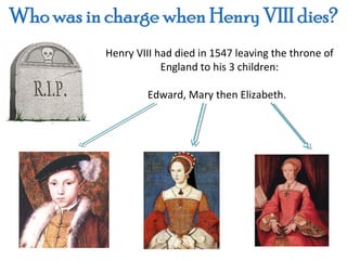 Henry VIII had died in 1547 leaving the throne of
            England to his 3 children:

         Edward, Mary then Elizabeth.
 