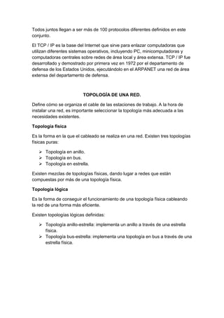 Todos juntos llegan a ser más de 100 protocolos diferentes definidos en este
conjunto.

El TCP / IP es la base del Internet que sirve para enlazar computadoras que
utilizan diferentes sistemas operativos, incluyendo PC, minicomputadoras y
computadoras centrales sobre redes de área local y área extensa. TCP / IP fue
desarrollado y demostrado por primera vez en 1972 por el departamento de
defensa de los Estados Unidos, ejecutándolo en el ARPANET una red de área
extensa del departamento de defensa.



                         TOPOLOGÍA DE UNA RED.

Define cómo se organiza el cable de las estaciones de trabajo. A la hora de
instalar una red, es importante seleccionar la topología más adecuada a las
necesidades existentes.

Topología física

Es la forma en la que el cableado se realiza en una red. Existen tres topologías
físicas puras:

    Topología en anillo.
    Topología en bus.
    Topología en estrella.

Existen mezclas de topologías físicas, dando lugar a redes que están
compuestas por más de una topología física.

Topología lógica

Es la forma de conseguir el funcionamiento de una topología física cableando
la red de una forma más eficiente.

Existen topologías lógicas definidas:

    Topología anillo-estrella: implementa un anillo a través de una estrella
     física.
    Topología bus-estrella: implementa una topología en bus a través de una
     estrella física.
 