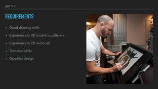 ARTIST
REQUIREMENTS
▸ Good drawing skills
▸ Experience in 3D modeling software
▸ Experience in 2D vector art
▸ Technical skills
▸ Graphics design
 