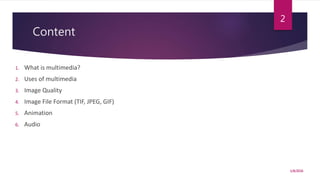 Content
1. What is multimedia?
2. Uses of multimedia
3. Image Quality
4. Image File Format (TIF, JPEG, GIF)
5. Animation
6. Audio
1/8/2016
2
 