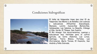 Condiciones hidrográficas
El Valle de Valparaíso tiene dos ríos: El de
Valparaíso San Mateo o de Bolaños. Con cuencas
y subcuencas. Allfuentes: Guacamayas,
Manzano, Loreto Cuevecillas Matancillas,
Salsipuedes, Las Iglesias, La Boquilla, Ciénega
el Oso, Verde, El Tanque, San Juanito.
El Río Atengo: Con escurrimientos, cuencas y
subcuencas muy limitadas para el cultivo
agrícola, se nutre Alamitos, Los Lirios,
Santiago, Tierra Blanca, Portales, Las
Chirrioneras, María Teresa, El Huencho, San
Andrés y Peña Colorada.
 