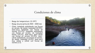Condiciones de clima
• Rango de temperatura: 12-24°C
• Rango de precipitación 500 – 1000 mm
• Clima: templado subhúmedo con lluvias
en verano, de menor humedad (42.5%),
semi-seco templado con lluvias en
verano (23.2%), templado subhúmedo
con lluvias en verano, de humedad
media (14.2%), semi-seco semi-cálido
con lluvias en verano (13.4%), semi-
cálido subhúmedo con lluvias en verano,
de menor humedad (5,4%), semi-seco
muy cálido y cálido con lluvias en
verano (1.3)
 