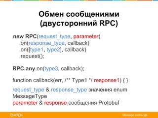new RPC(request_type, parameter)
.on(response_type, callback)
.on([type1, type2], callback)
.request();
Обмен сообщениями
...