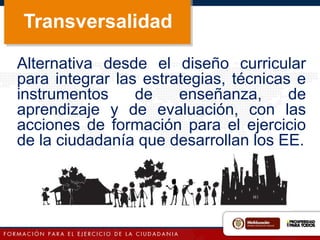 Transversalidad
Alternativa desde el diseño curricular
para integrar las estrategias, técnicas e
instrumentos de enseñanza, de
aprendizaje y de evaluación, con las
acciones de formación para el ejercicio
de la ciudadanía que desarrollan los EE.
 