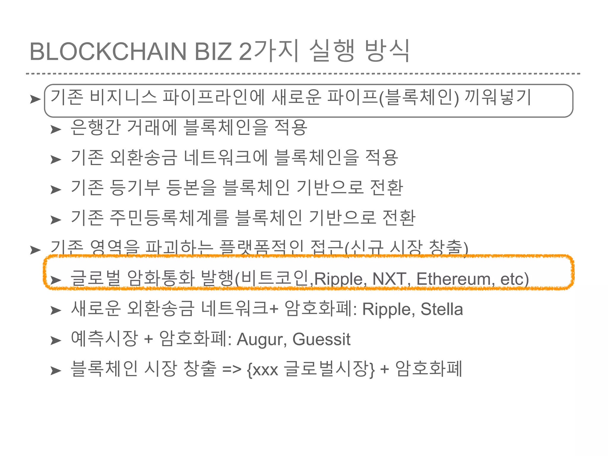 BLOCKCHAIN BIZ 2가지 실행 방식
➤ 기존 비지니스 파이프라인에 새로운 파이프(블록체인) 끼워넣기
➤ 은행간 거래에 블록체인을 적용
➤ 기존 외환송금 네트워크에 블록체인을 적용
➤ 기존 등기부 등본을 블록체인 기반으로 전환
➤ 기존 주민등록체계를 블록체인 기반으로 전환
➤ 기존 영역을 파괴하는 플랫폼적인 접근(신규 시장 창출)
➤ 글로벌 암화통화 발행(비트코인,Ripple, NXT, Ethereum, etc)
➤ 새로운 외환송금 네트워크+ 암호화폐: Ripple, Stella
➤ 예측시장 + 암호화폐: Augur, Guessit
➤ 블록체인 시장 창출 => {xxx 글로벌시장} + 암호화폐
 