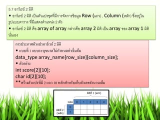 5.7 อาร์เรย์ 2 มิติ
• อาร์เรย์ 2 มิติ เป็นตัวแปรชุดที่มีการจัดการข้อมูล Row (แถว) , Column (หลัก) ซึ่งอยู่ใน
รูปแบบตาราง ที่มีแสดงตาแหน่ง 2 ตัว
• อาร์เรย์ 2 มิติ คือ array of array กล่าวคือ array 2 มิติ เป็น array ของ array 1 มิติ
นั่นเอง
กำรประกำศตัวแปรอำร์เรย์ 2 มิติ
• แบบที่ 1 แบบระบุขนำดไม่กำหนดค่ำเริ่มต้น
data_type array_name[row_size][column_size];
• ตัวอย่ำง
int score[2][10];
char id[2][10];
**สร้ำงตัวแปรที่มี 2 แถว 10 หลักสำหรับเก็บตัวเลขจำนวนเต็ม
 